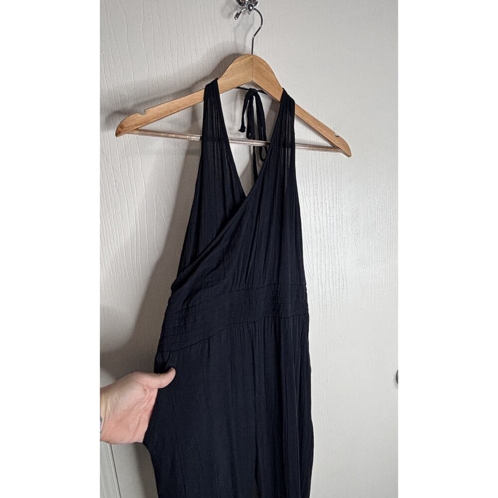 PrANa Fernie Halter Jumpsuit Black Tie Neck Wide Leg Size Large Pockets Smocked - Picture 4 of 9
